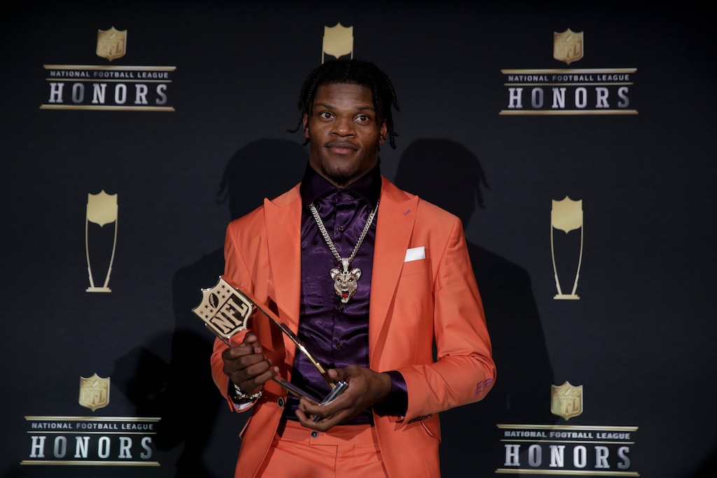 Baltimore Ravens' Lamar Jackson speaks after winning the AP Most Valuable Player award at the NFL Honors football award show Saturday, Feb. 1, 2020, in Miami. (AP Photo/Patrick Semansky)