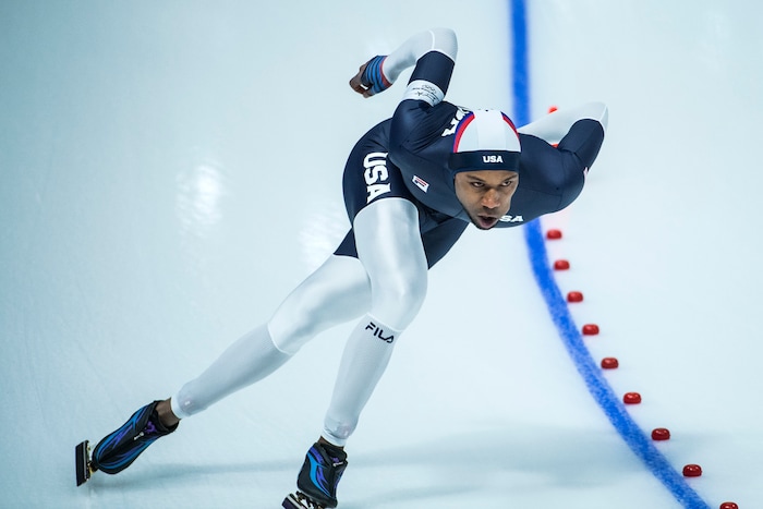 (Chris Detrick  |  The Salt Lake Tribune) Shani Davis of the United States competes in the Men's 1,000m at Gangneung Oval during the Pyeongchang 2018 Winter Olympics Friday, Feb. 23, 2018. Davis finished in 7th place with a time of 1:08.78. 