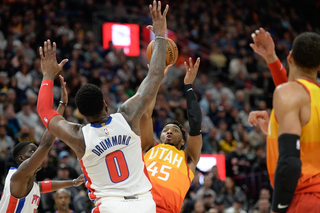 (Francisco Kjolseth | The Salt Lake Tribune) Utah Jazz guard Donovan Mitchell (45) takes a fade away shot as the Utah Jazz host the Detroit Pistons in their NBA basketball game at Vivint Smart Home Arena in Salt Lake City on Monday, Dec. 30, 2019.