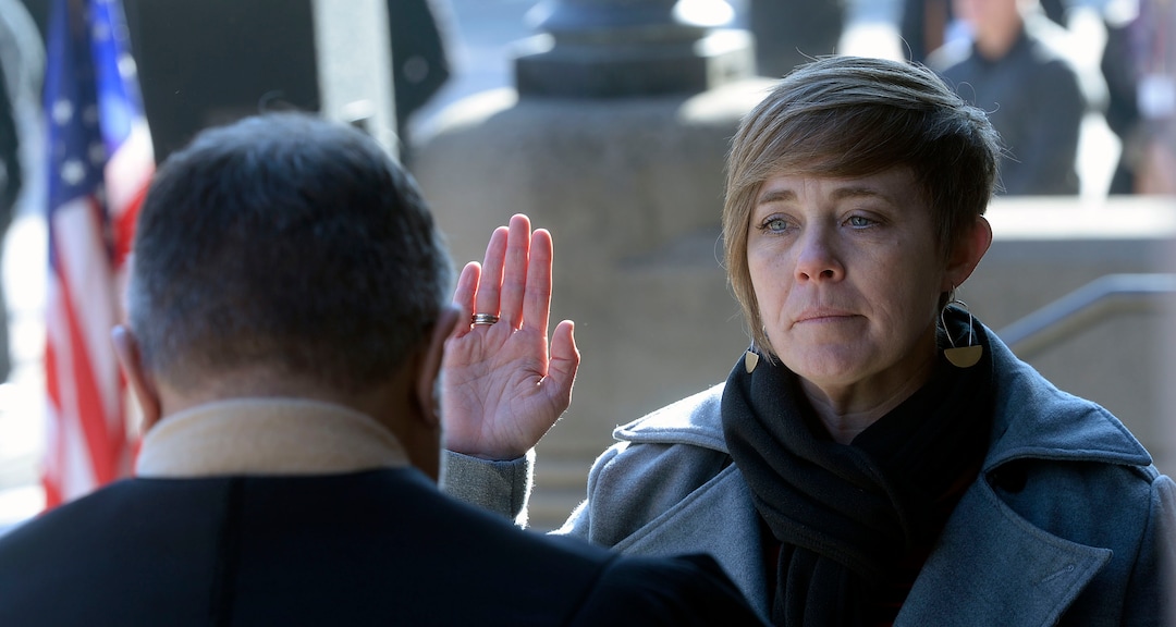 (Al Hartmann  |  The Salt Lake Tribune) 	Newly elected City Council Member Amy N. Fowler takes the oath of office in ceremony outside the City-County Building Tuesday Jan. 2.  