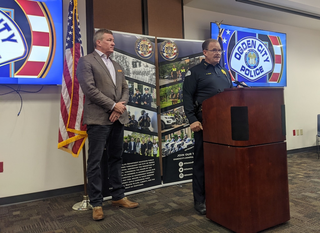 (Jessica Miller | The Salt Lake Tribune) Ogden Mayor Mike Caldwell stands next to Police Chief Eric Young as he shares details about a Nov. 1 police shooting, where an officer shot and injured 32-year-old Casey Pacheco.
