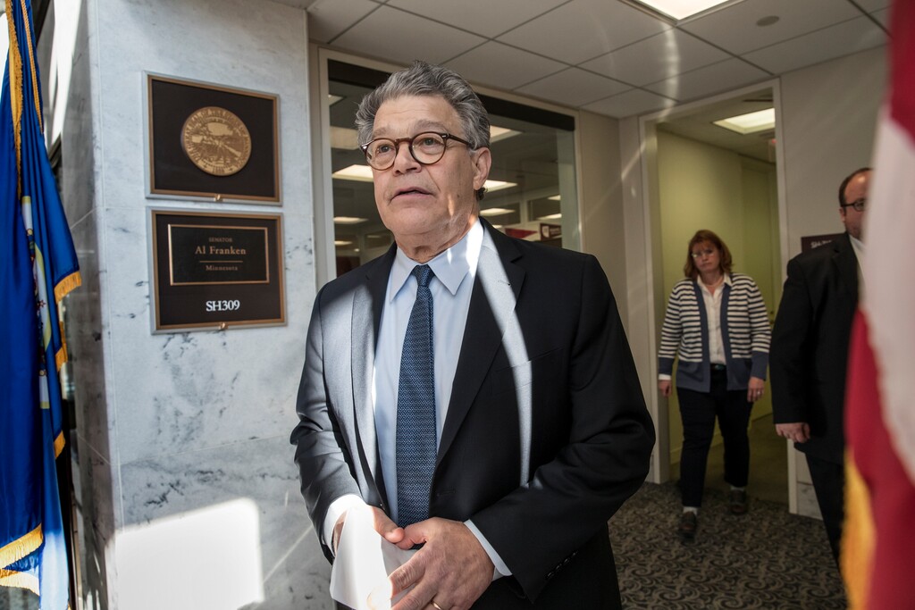 Sen. Al Franken, D-Minn., arrives to speak to the media on Capitol Hill, Monday, Nov. 27, 2017 in Washington. (AP Photo/J. Scott Applewhite)