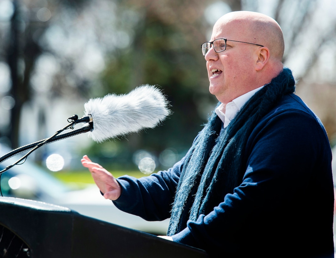 (Rick Egan  |  The Salt Lake Tribune)      Christian Harrison, launches his campaign  for Salt Lake City Mayor outside Salt Lake City Hall, Wednesday, March 20, 2019.