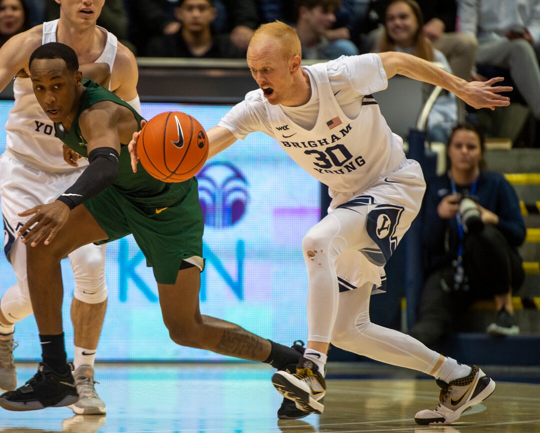 (Rick Egan  |  The Salt Lake Tribune)     San Francisco Dons guard Jamaree Bouyea (1) has the ball picked off by Brigham Young Cougars guard TJ Haws (30), in West Coast Conference basketball acton between the Brigham Young Cougars and the San Francisco Dons, at the Marriott Center, Saturday, Feb. 8, 2020.