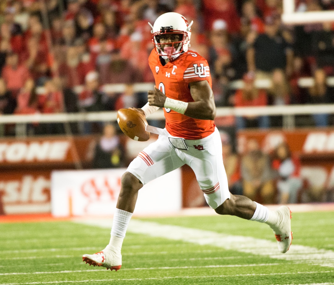 (Rick Egan  |  The Salt Lake Tribune)  Utah Utes quarterback Troy Williams (3) looks downfield as he scrambles with the ball, at Rice-Eccles Stadium, Saturday, October 7, 2017.