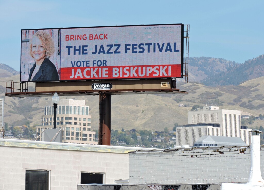 (Lennie Mahler  |  Tribune file photo)

A billboard for then-mayoral candidate Jackie Biskupski near the 600 South exit of northbound I-15. Reagan Outdoor Advertising maxed out on donations to Biskupski, then started a PAC to spend far beyond the city's contribution limits.