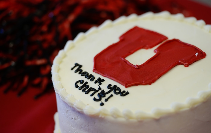 (Francisco Kjolseth  |  The Salt Lake Tribune)  Treats express the sentiment by University of Utah staff as they send off athletic director Chris Hill at the Huntsman Center on Friday, June 1, 2018, before he climbed aboard a red Ute-branded Holiday Motor coach bus to the sounds of cheers and applause after 31 years on the job.