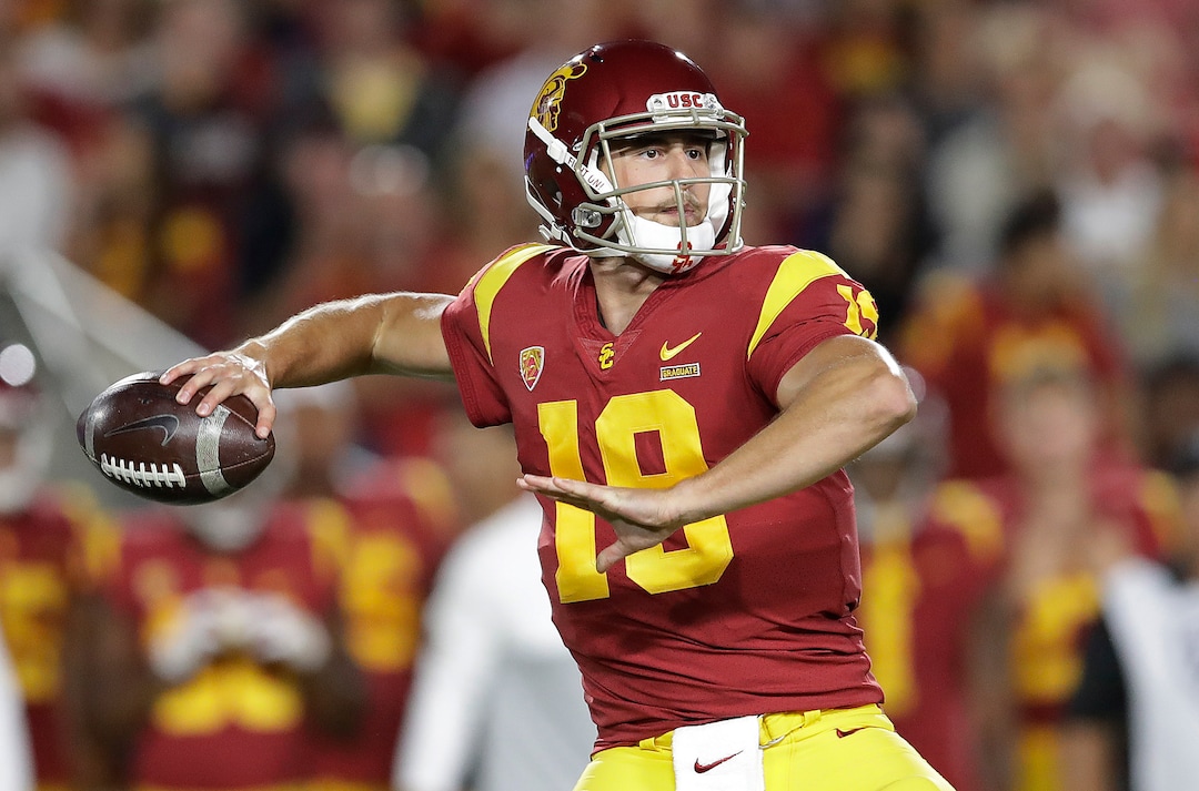 Southern California quarterback Matt Fink throws a pass against Utah during the first half of an NCAA college football game Friday, Sept. 20, 2019, in Los Angeles. (AP Photo/Marcio Jose Sanchez)