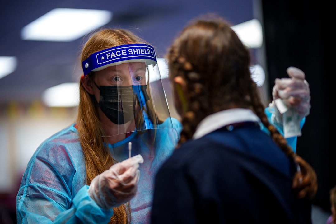 (Trent Nelson  |  The Salt Lake Tribune) School nurse Karen Thelin tests a student for COVID-19 at American Preparatory Academy in Draper on Tuesday, Sept. 14, 2021.