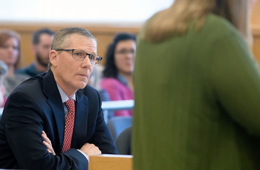 (Eli Lucero  |  Herald Journal, pool) Prosecuting attorney James Swink listens to April Turner, mother of Deserae Turner, as she speaks during Colter Peterson's sentencing hearing for attempted aggravated murder and robbery, Thursday, Feb. 1, 2018, in Logan, Utah. Peterson received a sentence of 15 years to life for shooting Deserae Turner in February 2017, and leaving her for dead in a dry irrigation canal in Smithfield, Utah.