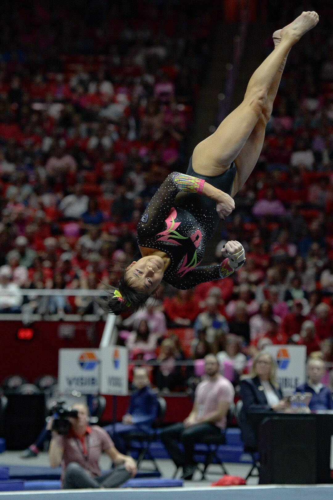 (Francisco Kjolseth  |  The Salt Lake Tribune) Kim Tessen competes on the floor as the fourth-ranked University of Utah Red Rocks gymnastics team host Stanford, Friday, March 6, 2020, at the Jon M. Huntsman Center in Salt Lake City.