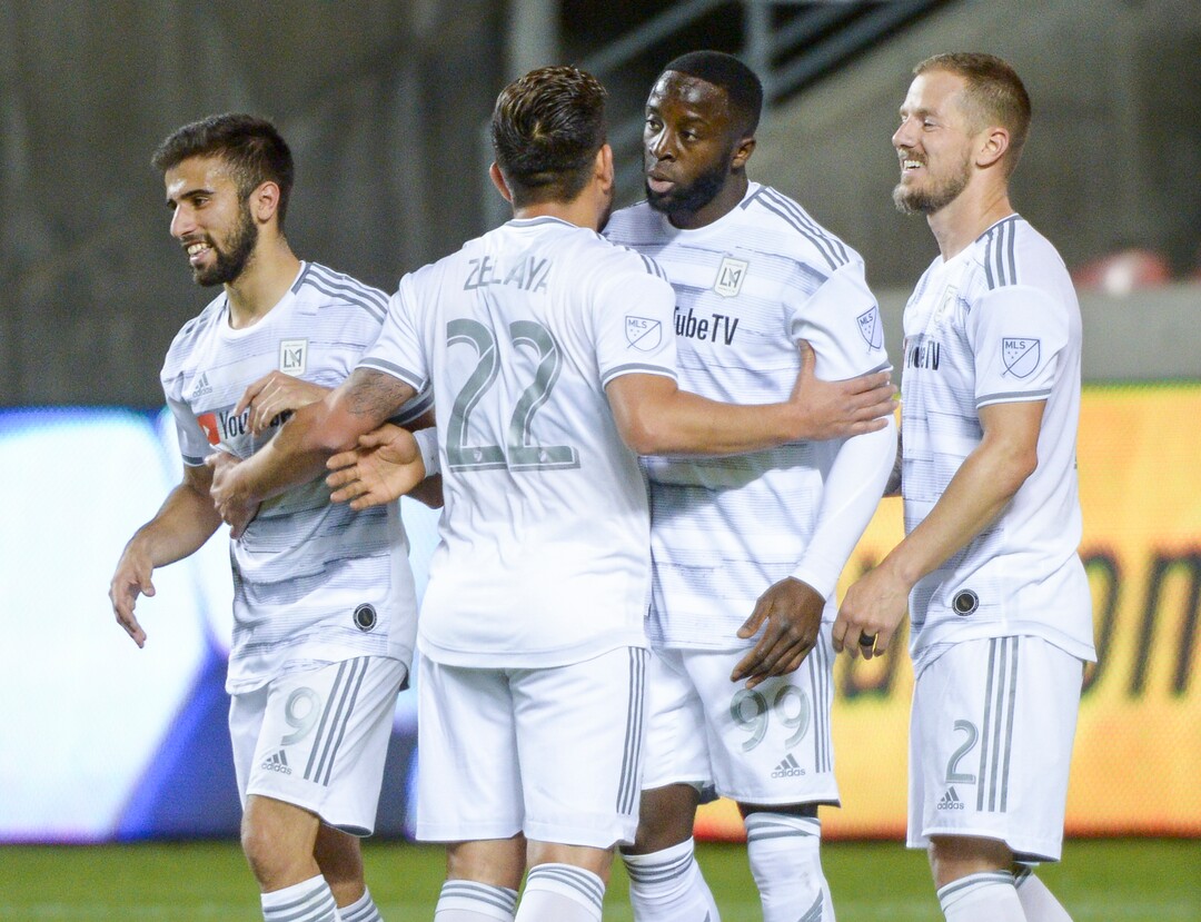 (Leah Hogsten  |  The Salt Lake Tribune) Los Angeles FC celebrates with forward Adama Diomande (99) with the third goal as Real Salt Lake hosts Los Angeles Football Club in the fourth round of the Lamar Hunt U.S. Open Cup, June 11, 2019 at Rio Tinto Stadium in Sandy.