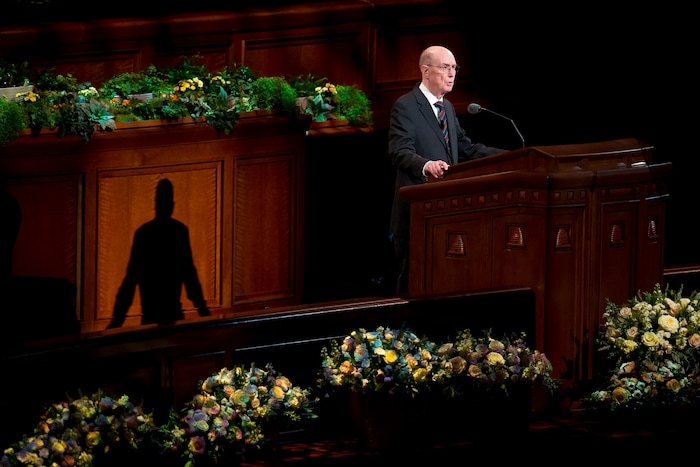 (Jeremy Harmon  |  The Salt Lake Tribune)  President Henry B. Eyring speaks during the Sunday morning session of General Conference on April 1, 2018.