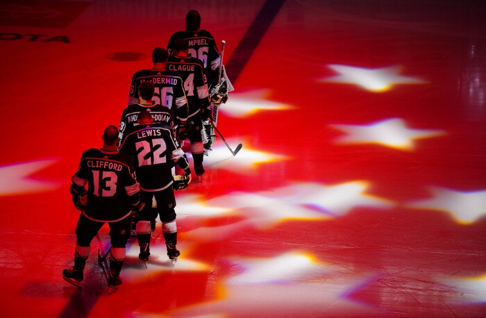 (Trent Nelson  |  The Salt Lake Tribune)  Starters for the Los Angeles Kings stand for the National Anthem before facing the Vancouver Canucks, NHL hocket in Salt Lake City on Saturday Sept. 21, 2019.
