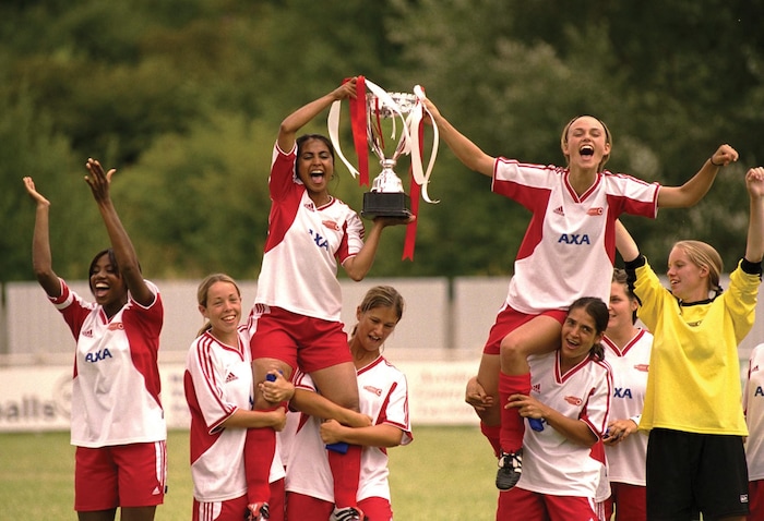 (Photo courtesy Fox Searchlight Pictures) Soccer players Jess (Parminder Nagra, left) and Jules (Keira Knightley, right) are hoisted aloft by their teammates, in a scene from the 2002 comedy-drama "Bend It Like Beckham."