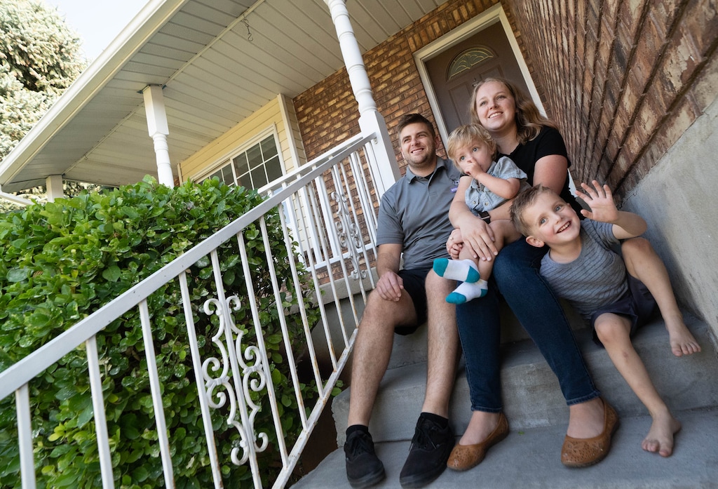 (Francisco Kjolseth | The Salt Lake Tribune) Zach and Kim Bartlome, joined by their sons Stillman, 4, and Evan, 2, recently relayed their experiences with Landed, a company that helps teachers and government workers buy houses, while spending time at their recently purchased home in North Ogden on Friday, Sept. 17, 2021.