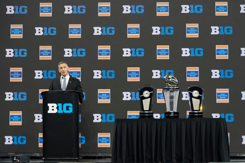 (Darron Cummings | AP) Big Ten Conference Commissioner Tony Petitti speaks during an NCAA college football news conference at the Big Ten Conference media days at Lucas Oil Stadium on July 26 in Indianapolis.