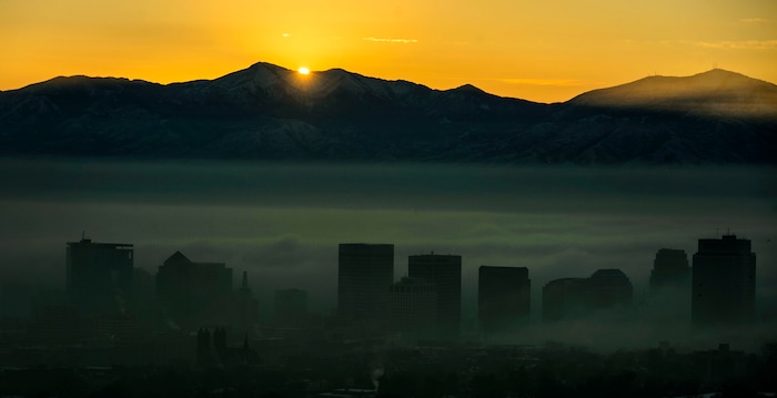 (Steve Griffin  |  The Salt Lake Tribune) The Salt Lake City skyline is obscured by dense fog as an inversion settles over the valley Tuesday December 26, 2017.