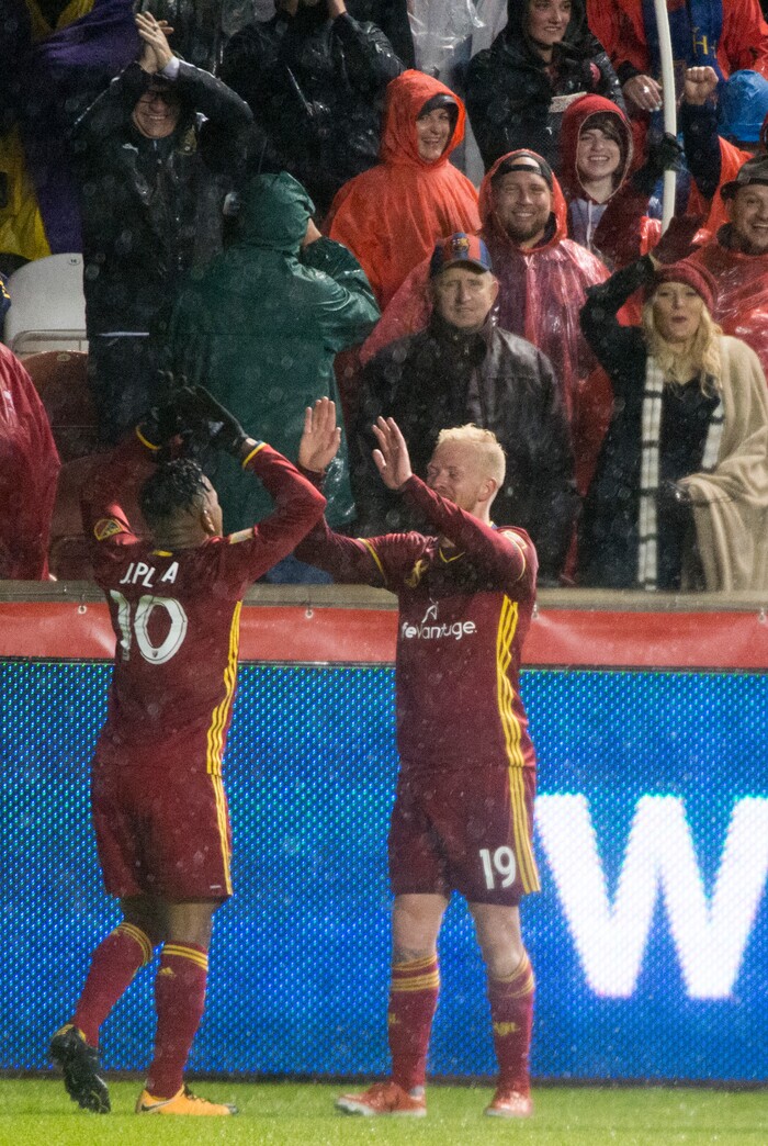 (Rick Egan  |  The Salt Lake Tribune)  Real Salt Lake midfielder Luke Mulholland (19) celebrates by doing a dance with Real Salt Lake forward Joao Plata (10), after scoring a goal, in MLS soccer action, Real Salt Lake vs Seattle Sounders, in Sandy, Saturday, September 23, 2017.