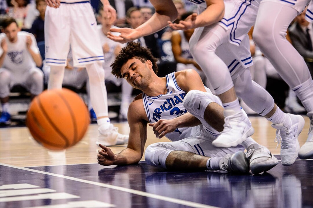 (Trent Nelson | The Salt Lake Tribune)   Brigham Young Cougars guard Elijah Bryant (3) reacts to a turnover as BYU hosts the St. Mary's Gaels, NCAA basketball in Provo, Saturday December 30, 2017.
