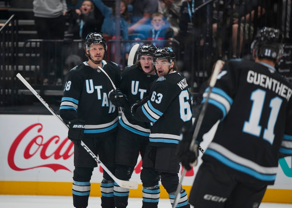 (Bethany Baker  |  The Salt Lake Tribune) Utah Hockey Club reacts to a goal during the first period of the game at Delta Center in Salt Lake City on Friday, Nov. 15, 2024.