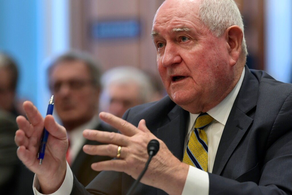 (Susan Walsh | The Associated Press) In this Feb. 6, 2018, file photo, Agriculture Secretary Sonny Perdue testifies on Capitol Hill in Washington. Perdue is defending a proposal that would cut food stamp benefits in half and replace them with a pre-assembled box of shelf-stable goods delivered to recipients’ doorstep, an idea one lawmaker called “a cruel joke.”