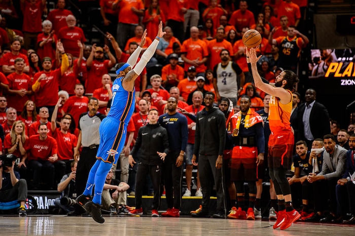 (Trent Nelson | The Salt Lake Tribune)  
Utah Jazz host the Oklahoma City Thunder, Game 3, NBA playoff basketball in Salt Lake City, Saturday April 21, 2018. Utah Jazz guard Ricky Rubio (3) shoots a three-pointer.