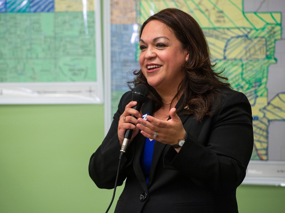 (Rick Egan  |  The Salt Lake Tribune) Salt Lake City mayoral candidate  Luz Escamilla thanks friends and supporters as she awaits the ballot results in the Salt Lake City Mayor's race, at her campaign headquarters, Tuesday, Nov. 5, 2019.