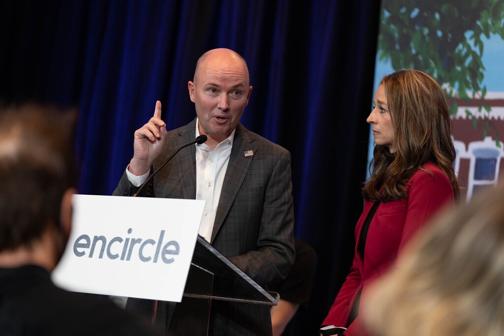 (Francisco Kjolseth | The Salt Lake Tribune) Utah Gov. Spencer Cox, joined by his wife Abby joins a press event showing his support for the Utah nonprofit called Encircle, on Wednesday, Oct. 13, 2021, which offers resources and peer counseling for LGBTQ youths and their families. 