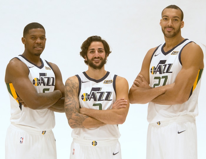 (Rick Egan  |  The Salt Lake Tribune) Utah Jazz players, Joe Johnson, Ricky Rubio, and Rudy Gobert, pose for photos, during the Utah Jazz media day, at the Zions Bank Basketball Center, Monday, September 25, 2017.


