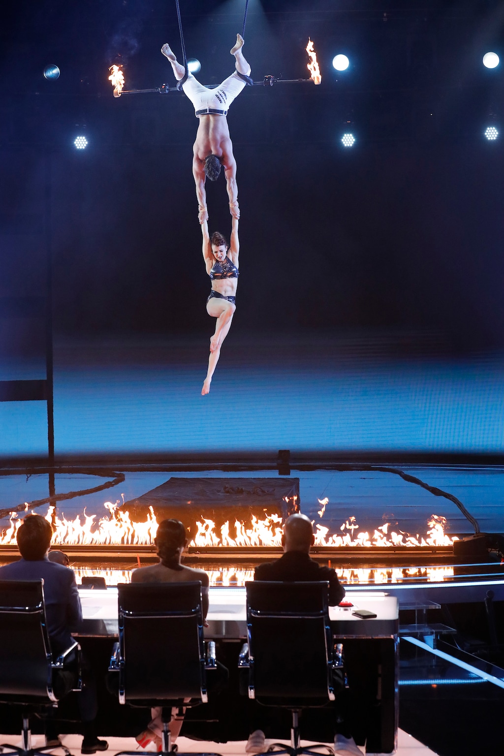 (Photo by: Trae Patton/NBC) Duo Transcend performs for the judges on "America's Got Talent."