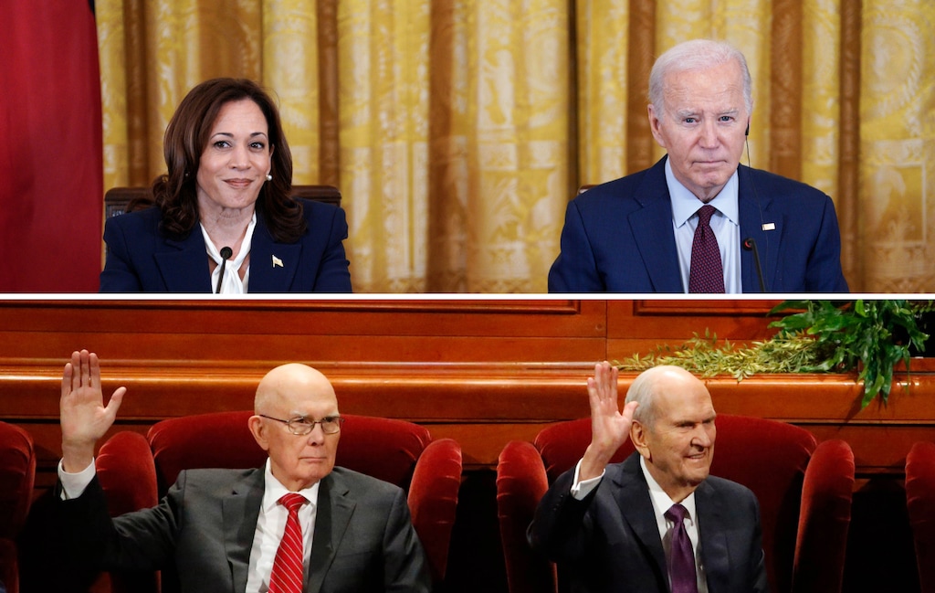 (The New York Times; AP) Top: U.S. Vice President Kamala Harris and President Joe Biden. Bottom: Dallin H. Oaks, first counselor in the First Presidency of The Church of Jesus Christ of Latter-day Saints, and church President Russell M. Nelson.