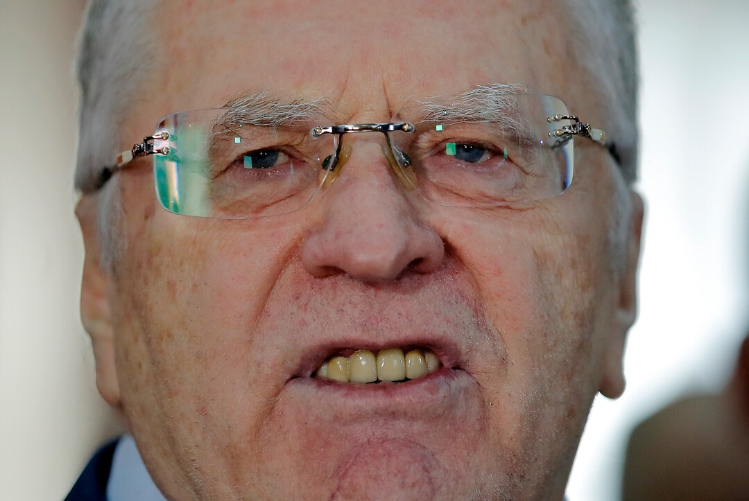 Vladimir Zhirinovsky, ultranationalist Liberal Democratic Party leader, grimaces after voting in the presidential election in Moscow, Russia, Sunday, March 18, 2018. Russians are voting in a presidential election in which Vladimir Putin is seeking a fourth term in the Kremlin. (AP Photo/Pavel Golovkin)