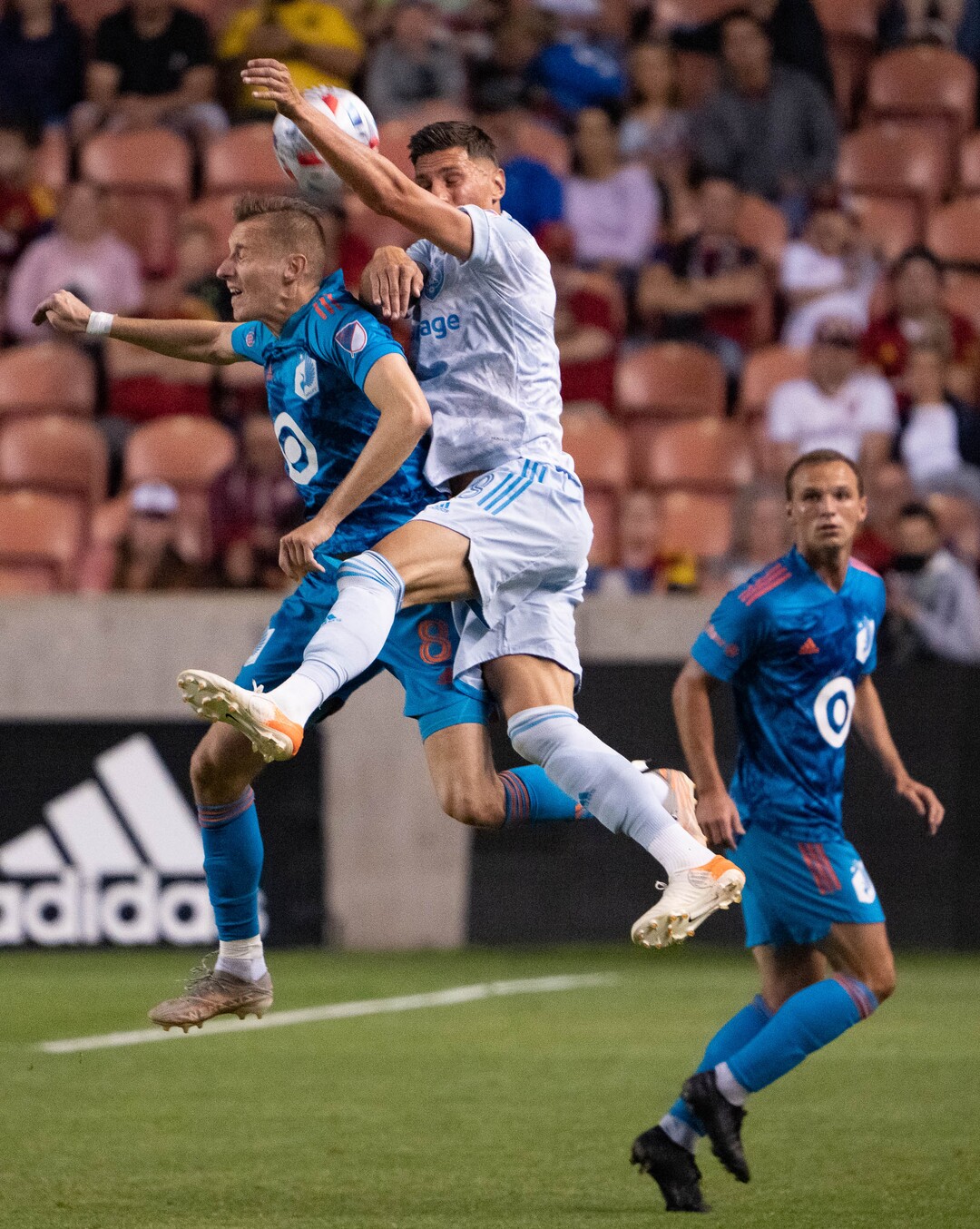 (Francisco Kjolseth | The Salt Lake Tribune) Minnesota United midfielder Jan Gregus (8) and Real Salt Lake midfielder Damir Kreilach (8) collide going for a ball in MLS action between Real Salt Lake and Minnesota United FC at Rio Tinto Stadium in Sandy, on Saturday, May 29, 2021.