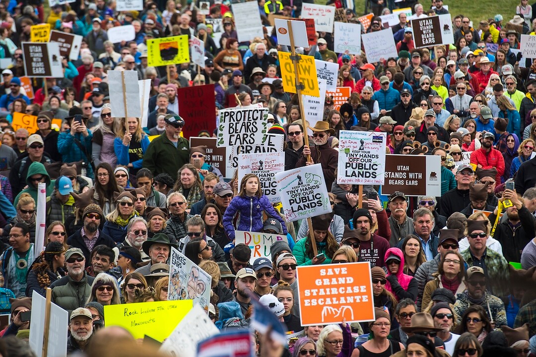 (Chris Detrick  |  The Salt Lake Tribune) Supporters of the Bears Ears and Grand Staircase-Escalante National Monuments rally at the Utah State Capitol Saturday, December 2, 2017.  Utah Highway Patrol estimated 5,000 people attended the rally. 