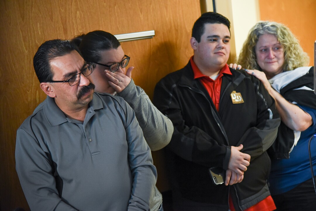 (Francisco Kjolseth  |  The Salt Lake Tribune)  Willie Salas, left, is joined by his daughter-in-law Kayelin, son Kyle and sister-in-law Cheryl Harrison as they listen to Mitchell Salas talk to Matthew Thompson who donated his kidney to him. The 30-year-old from Woods Cross who has battled kidney problems since he was a baby and also fought off testicular cancer has a new lease on life. 