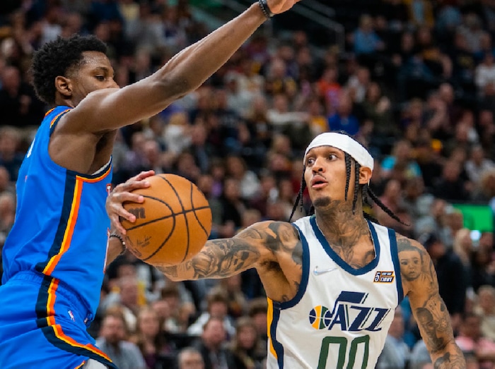 (Rick Egan | The Salt Lake Tribune) Utah Jazz guard Jordan Clarkson (00) pulls a fake, as n NBA action between the Utah Jazz and the Oklahoma City Thunder at Vivint Arena, on Wednesday, April 6, 2022.