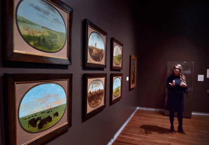 (Scott Sommerdorf | The Salt Lake Tribune)
Leslie Anderson describes a panel of works by artist George Catlin during a preview of the Utah Museum of Fine Art's new special exhibit of the touring show "Go West!" - Art of the American Frontier from the Buffalo Bill Center of the West, Wednesday, November 29, 2017.
The exhibit opens to the public on Sunday, Dec 3.