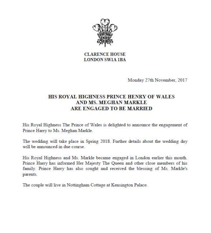 This handout issued by Clarence House on Monday Nov. 27, 2017, shows the letter announcing the engagement between Prince Harry and Meghan Markle. They will marry in the spring. (Clarence House via AP)