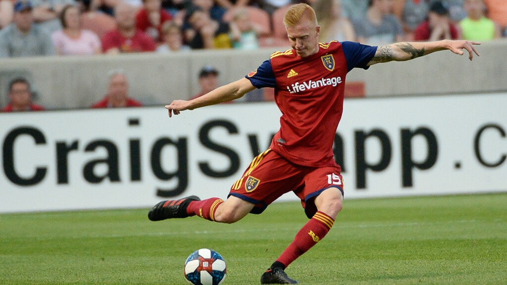 (Francisco Kjolseth  |  The Salt Lake Tribune)  Real Salt Lake defender Justen Glad (15) sends the ball downfield as Real Salt Lake hosts Columbus Crew SC, in MLS Soccer at Rio Tinto Stadium in Sandy, Utah on Wed, July 3, 2019.
