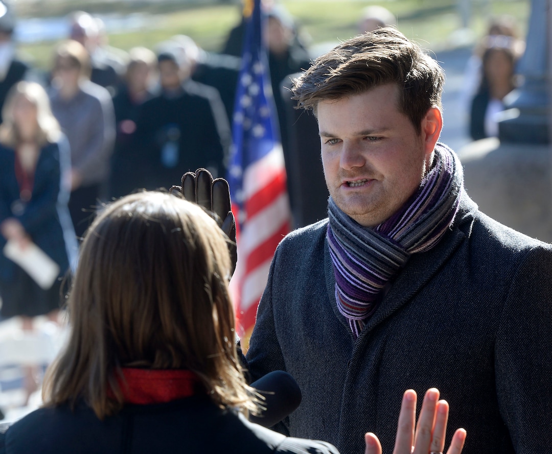 (Al Hartmann  |  The Salt Lake Tribune) 	Newly elected City Council Member Chris Wharton takes the oath of office in ceremony outside the City-County Building Tuesday Jan. 2. 
