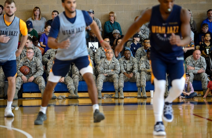 (Steve Griffin  |  The Salt Lake Tribune)    Airmen and civilians watch the Jazz warm-up in the Warrior Fitness Center on Hill Air Force Base as they prepare to scrimmage as a part of a "Hoops for Troops" promotion Ogden Friday September 29, 2017. It's also Utah's first public scrimmage of the season, and the first look at how the new pieces of the team will work together. 