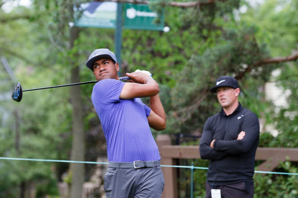 (Courtesy of Boyd Summerhays) Farmington native Boyd Summerhays watches Tony Finau hit a drive during a practice round during a recent PGA Tour event.