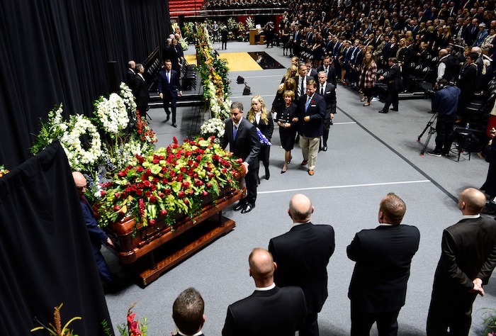 Scott Sommerdorf | The Salt Lake Tribune
The Huntsman family follows the casket at the conclusion of the funeral services for Jon M. Huntsman, Sr., Saturday, February, 10, 2018. 
