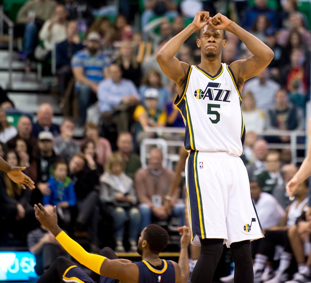 Lennie Mahler  |  The Salt Lake TribuneRodney Hood grimaces after fouling Pacers guard C.J. Miles behind the three-point line in the first half of an NBA basketball game at Vivint Smart Home Arena on Saturday, Dec. 5, 2015.