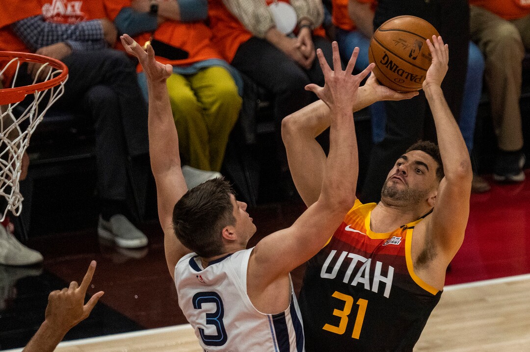 (Rick Egan | The Salt Lake Tribune) Utah Jazz forward Georges Niang (31) shoots as Memphis Grizzlies forward Jaren Jackson Jr. (13) defends, in NBA Playoff game 2, between the Utah Jazz and the Memphis Grizzlies at Vivint Arena, on Wednesday, May 26, 2021.