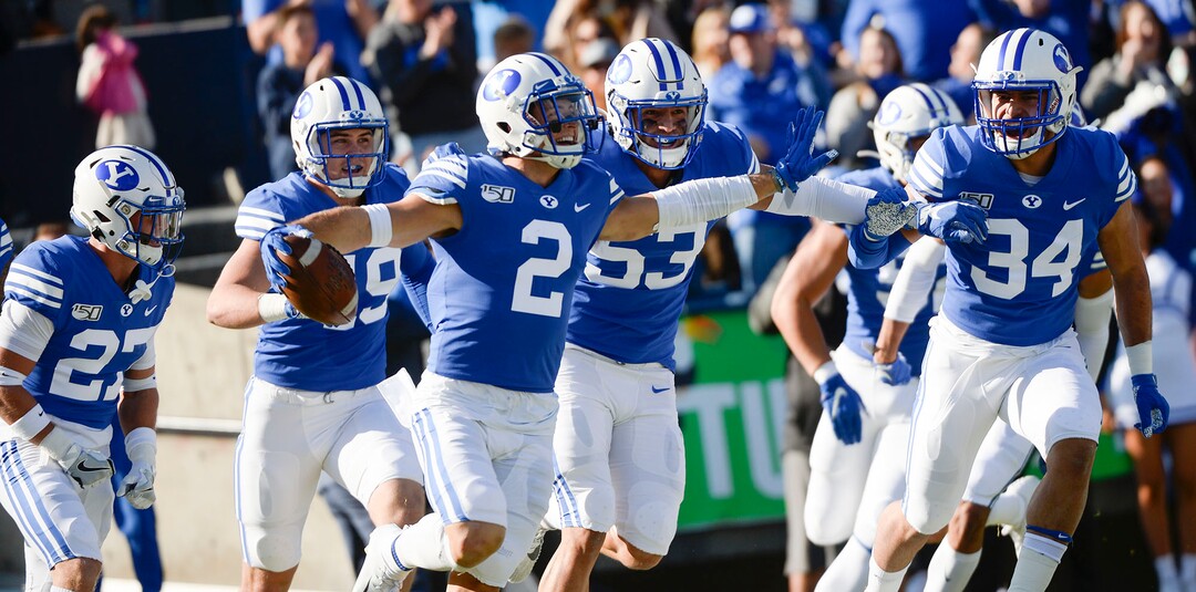 (Leah Hogsten  |  The Salt Lake Tribune) Brigham Young Cougars defensive back Austin Lee (2)celebrates his 26 yard interception return as Brigham Young University takes on Idaho State, Saturday, Nov. 16, 2019 at LaVell Edwards Stadium.