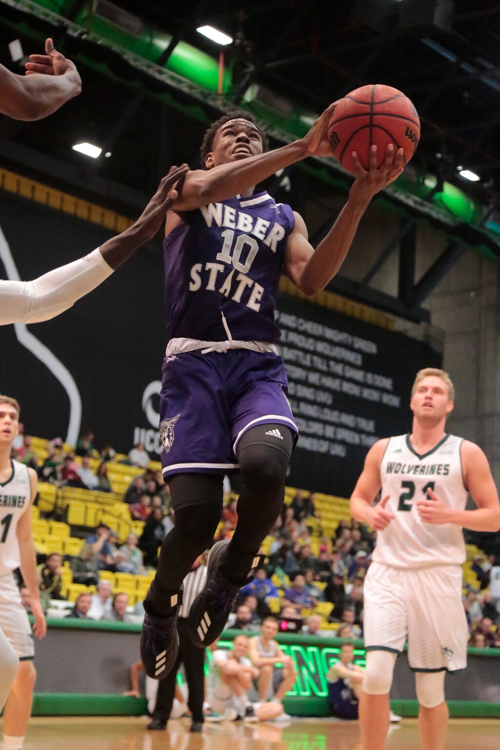 Weber State's Jerrick Harding (10) drives to the basket against Utah Valley during the first half of an NCAA college basketball game Wednesday, Dec. 6, 2017, in Orem, Utah. (Matt Herp/Standard-Examiner via AP)