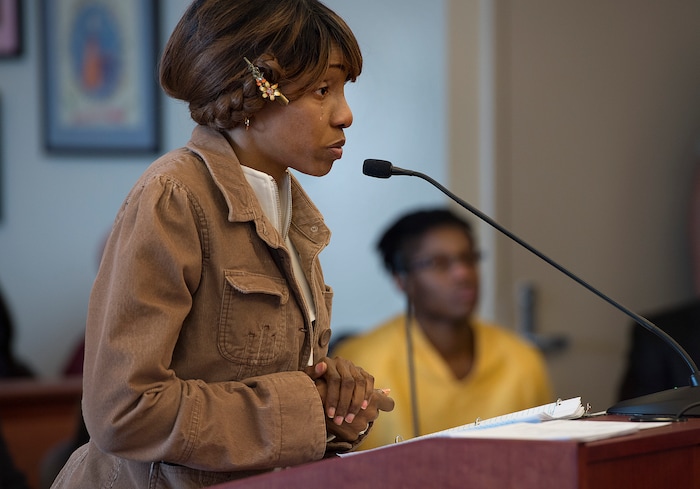 Scott Sommerdorf | The Salt Lake TribuneGerald Grant's mother Patricia Mason, with a tear rolling down her cheek, speaks about her son, and apologizes to the families of the victims during the sentencing for Gerald Grant. Grant was convicted of shooting and killing two men and a teenage boy inside an SUV in South Salt Lake nearly two years ago. Sentencing was in front of 3rd District Judge Vernice Trease, Thursday, March 8, 2018.