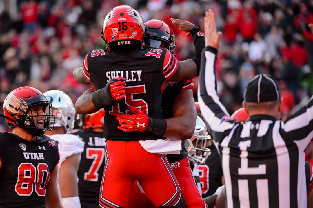 (Trent Nelson | The Salt Lake Tribune)  Utah Utes quarterback Jason Shelley (15) celebrates a touchdown. Utah Utes host the Oregon Ducks, NCAA football at Rice-Eccles Stadium in Salt Lake City on Saturday Nov. 10, 2018.